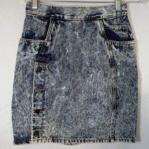 Vintage Cherokee Acid Wash Denim Skirt Size 9 High Waist 80s Side Button Pockets